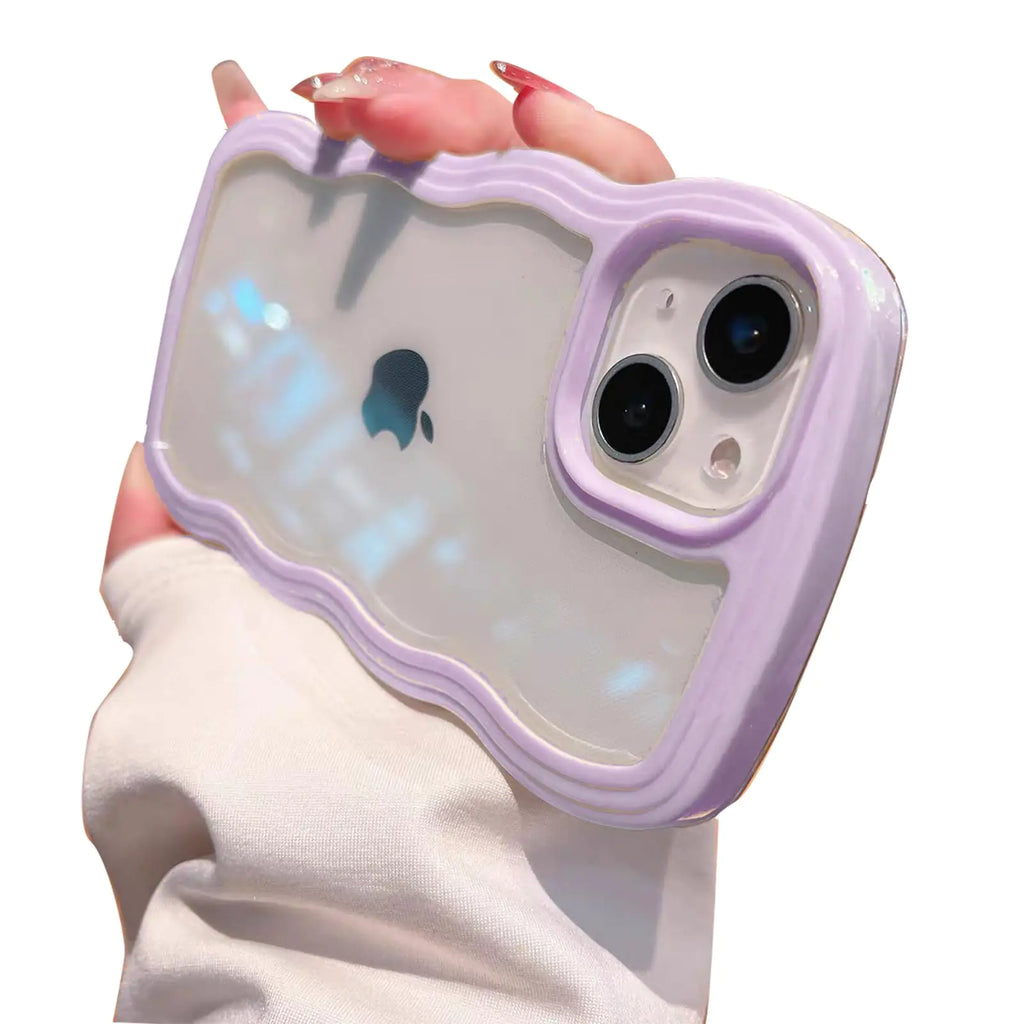 NAOKIFU iPhone 15 Case – Clear Shockproof Soft Protective Cover with Cute Curly Wave Frame Design for Women & Girls (Purple)