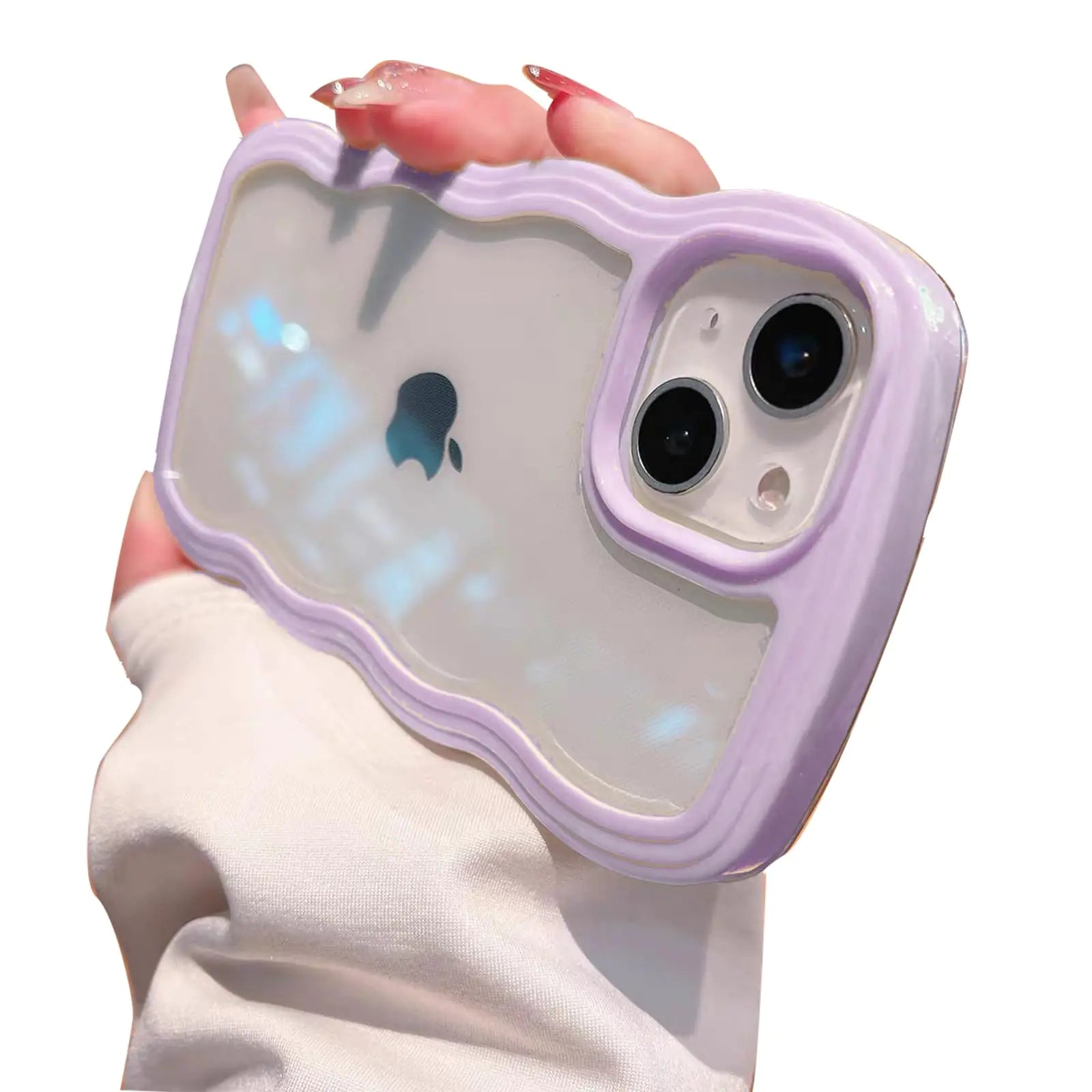 NAOKIFU iPhone 15 Case – Clear Shockproof Soft Protective Cover with Cute Curly Wave Frame Design for Women & Girls (Purple)